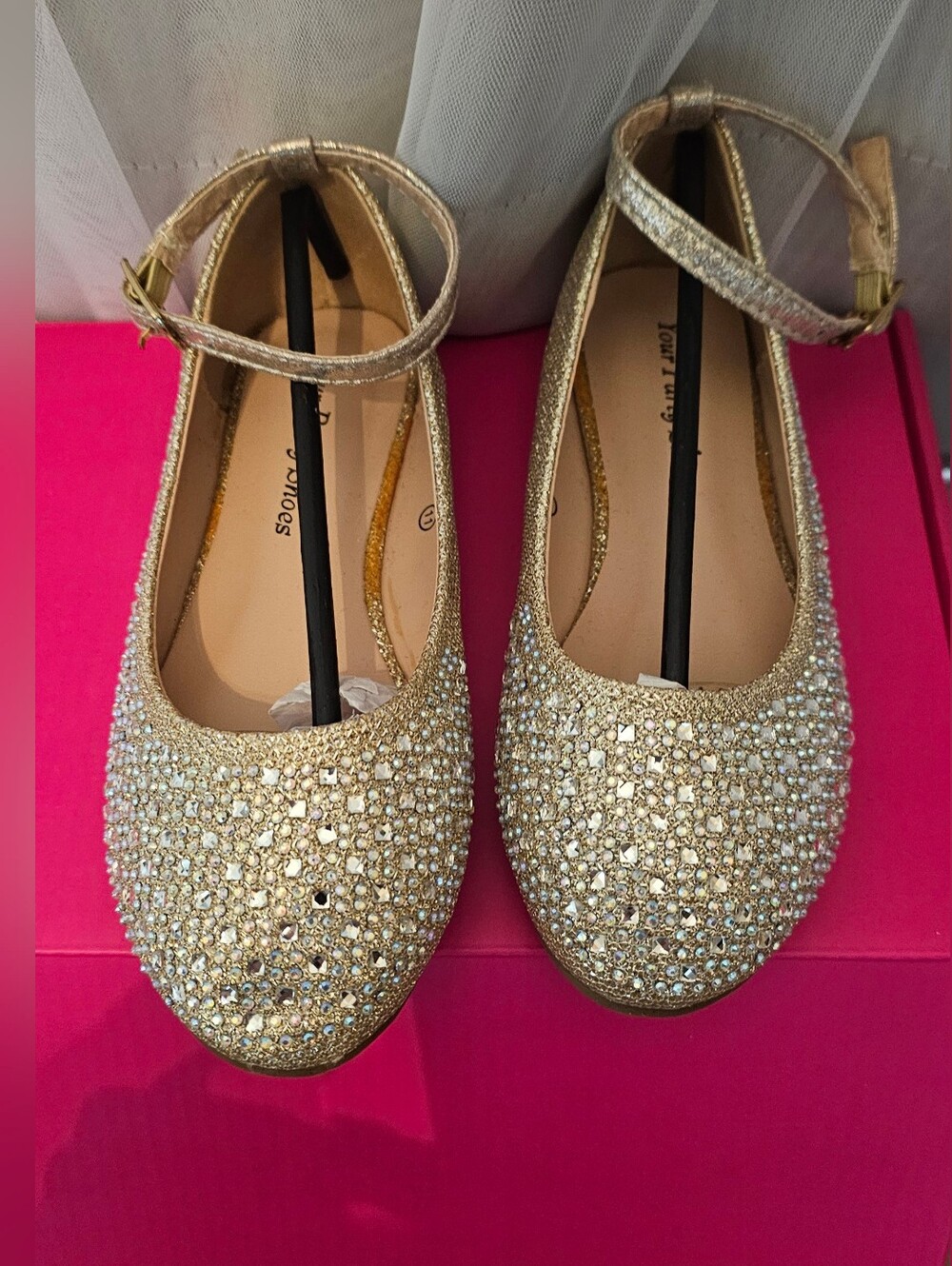 Your Party Shoes. Laind. Gold Rhinestone Ankle Strap Flats. Little Girls Size 11 - Picture 3 of 4